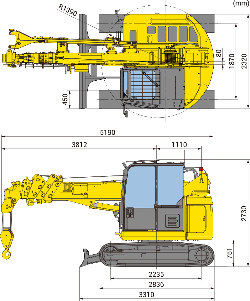 Габариты мини-крана Maeda MC285 с выставленными аутригерами (опорами)