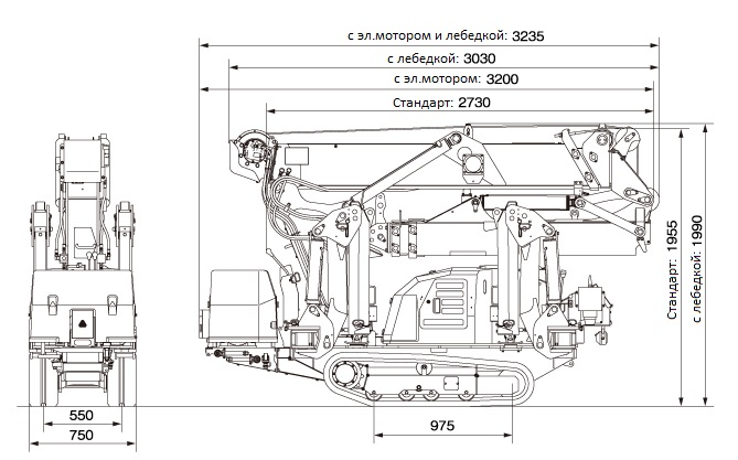 Габариты мини-крана Maeda mk1033 с выставленными аутригерами (опорами)